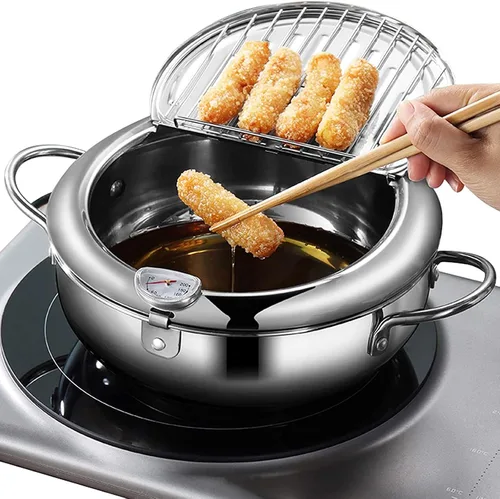 Olla para freidora, Tempura japonesa pequeña freidora de acero inoxidable con termómetro, tapa y escurridor de aceite para papas fritas, camarones,