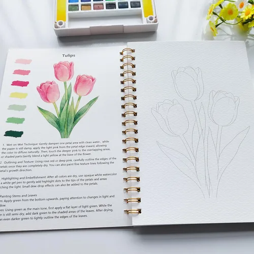 Miniatura 8 de Cuaderno de trabajo de acuarela 15 hermosas pinturas de flores para adultos y adolescentes principiantes, libro para colorear al agua, 140 libras