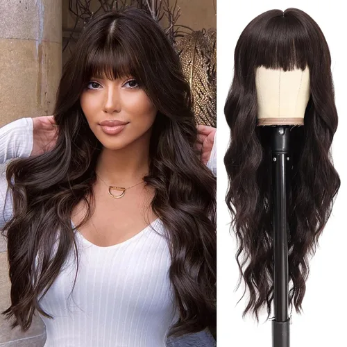 Miniatura 8 de NAYOO Pelucas marrones con flequillo para mujer, pelucas de cabello largo y ondulado, resistentes al calor, pelucas de fibra sintética para uso