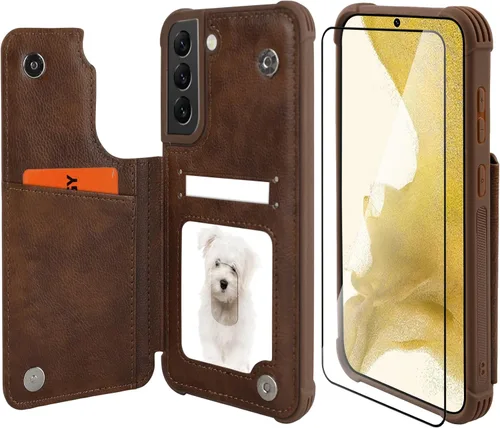 Miniatura 20 de VANAVAGY Funda tipo cartera compatible con Galaxy S22 con soporte para tarjetas de bloqueo RFID, piel sintética, cierre magnético, función atril