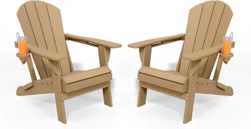 Miniatura 25 de Silla plegable Adirondack con portavasos, juego de 2, sillas de plástico HDPE para exteriores, resistentes a la intemperie, aspecto de madera real