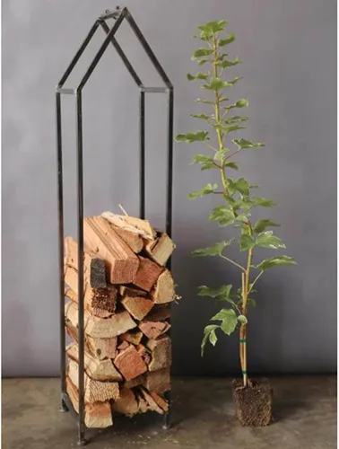 Miniatura 5 de Estante decorativo de leña moderno en forma de casa, ayuda de apilamiento alto para uso en y exteriores, estante de troncos de metal con asa