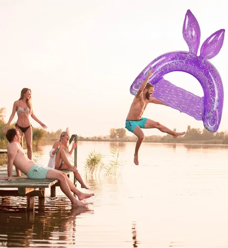 Miniatura 4 de POZA Silla flotante inflable de conejo, flotadores inflables de confeti brillante, 2 portavasos y asas integrados, silla flotante inflable