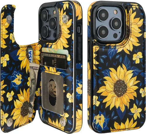 Miniatura 15 de HAOPINSH Funda tipo cartera para iPhone 14 Pro con tarjetero, patrón de flores pálidas en la parte trasera, de piel sintética, con ranuras para Flor