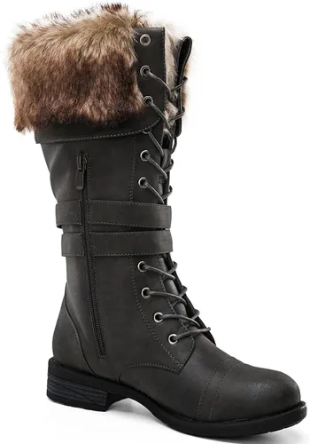 Miniatura 3 de GLOBALWIN Botas altas de media pantorrilla hasta la rodilla para mujer, botas de combate elegantes con cordones para mujer, tacón bajo