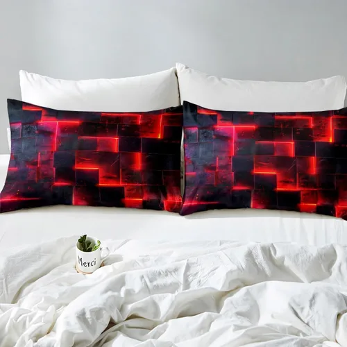 Miniatura 5 de Erosebridal Juego de sábanas de cama negro y rojo, juego de sábanas de tamaño individual abstracto moderno, sábanas a cuadros brillantes 3D, juego