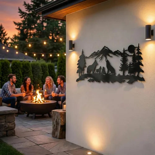Miniatura 7 de DEKADRON Arte de pared de metal, arte familiar de lobos metálicos, arte de pared de naturaleza, lobo, montaña y árbol, decoración de pared de metal