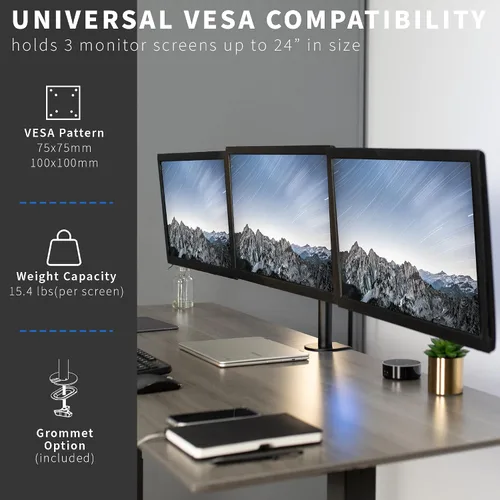 Miniatura 3 de VIVO Soporte de escritorio ajustable para monitor triple, soporte articulado, capacidad para 3 pantallas de hasta 24 pulgadas, negro, STAND-V003Y