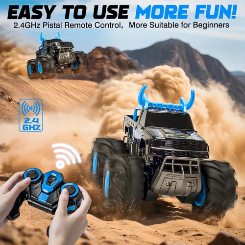 Miniatura 6 de BainGesk Juguetes de camión monstruo a control remoto impermeable, auto RC 1:16, 2.4GHz 4WD juguetes de automóvil todo terreno con 2 baterías Azul