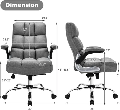 Miniatura 3 de Giantex Silla de oficina ejecutiva, silla ergonómica grande y alta, ángulo de inclinación ajustable y reposabrazos abatibles, silla tapizada de tela