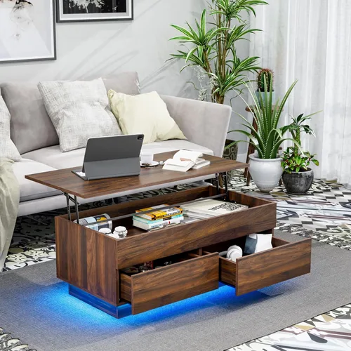 HOMMPA Mesa de centro moderna con tapa elevable con almacenamiento para sala de estar, mesa de centro LED, mesa de comedor de madera con 2 cajones