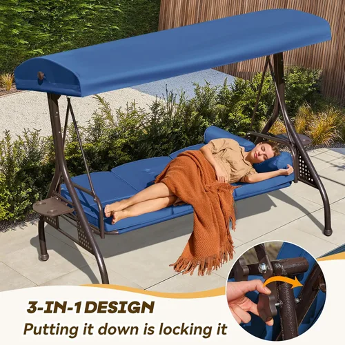 Miniatura 4 de Columpio de porche para exteriores 3 en 1 con toldo ajustable, columpio de 3 asientos para adultos, columpio de patio con cojines gruesos, almohadas