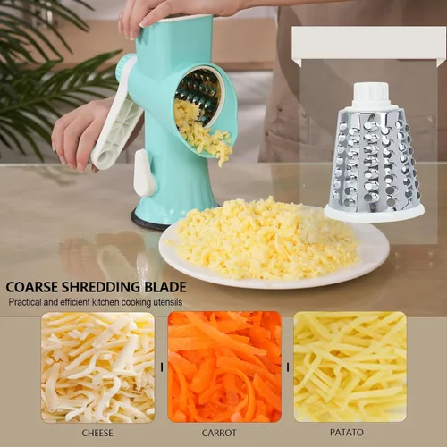 Miniatura 2 de Rallador rotativo de queso con asa, versátil rallador de queso con base de succión antideslizante, triturador de queso y rebanador de alimentos