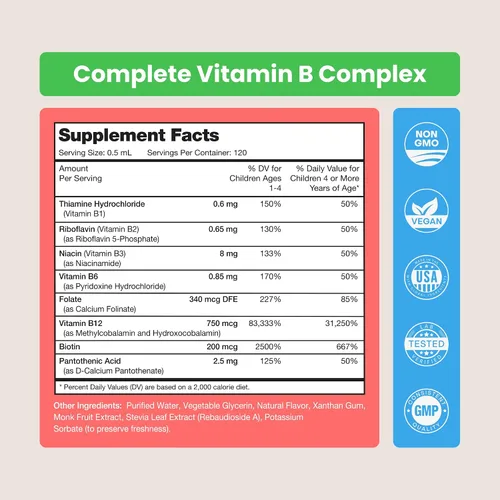 Miniatura 7 de NutraChamps Complejo de vitamina B para niños, B1, B2, B3, B6, B7, B9 y metilo B12, suplemento de gotas líquidas del complejo B para niños, energía