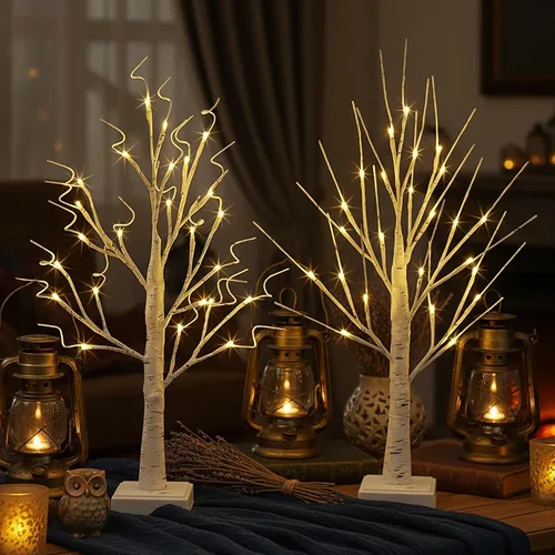 Miniatura 2 de Paquete de 2 árboles iluminados para decoración de interiores con temporizador, 24 LED 2 pies árbol de abedul blanco iluminado lámpara de mesa