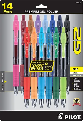 Pilot - Bolígrafos G2 Premium de tinta gel, bolígrafos de rodillo de gel, punta fina 0.7 mm, colores surtidos, 14 unidades Colores de tinta de moda