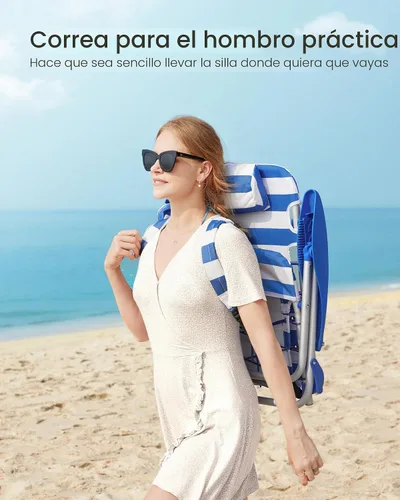Miniatura 5 de SONGMICS Silla de playa portátil tipo mochila, capacidad de 331 libras, respaldo ajustable con 4 ángulos, 2 bolsillos laterales, toallero, azul
