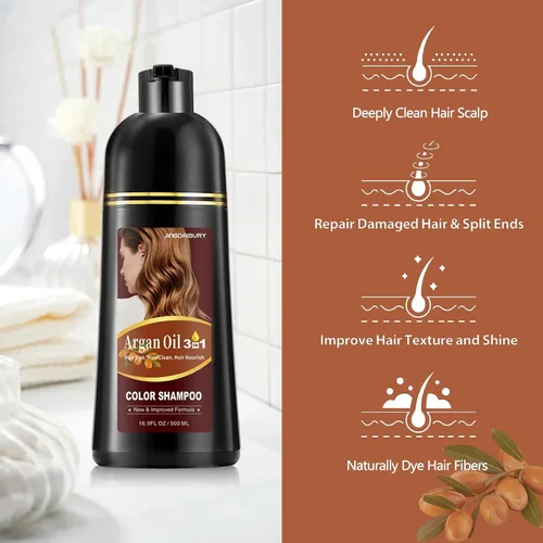 Miniatura 3 de Champú de tinte para el cabello castaño oscuro, champú de color de cabello con aceite de argán para hombres y mujeres, champú 3 en 1 para teñir
