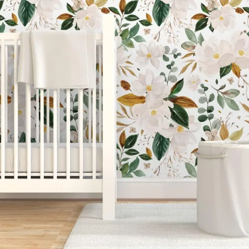 Miniatura 6 de Spoonflower Papel tapiz para despegar y pegar - Papel pintado extraíble personalizado con flores de magnolias florales doradas