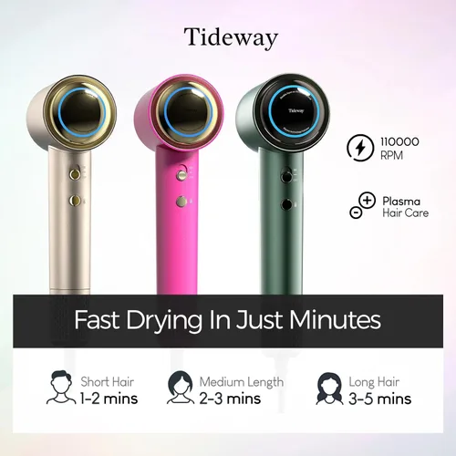 Miniatura 4 de Tideway Secador de pelo profesional de alta velocidad iónico 110,000 RPM, secador de pelo compacto con difusor magnético, secado rápido con motor