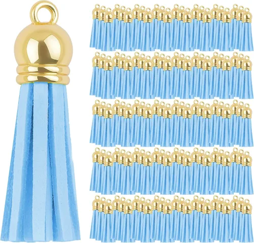 Miniatura 26 de Mandala Crafts 100 borlas de gamuza sintética color aguamarina con tapa dorada, suministros para hacer llaveros a granel, pequeñas borlas de cuero