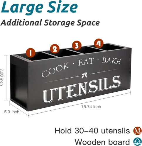 Miniatura 2 de Suli Soporte extra grande para utensilios de cocina con 4 compartimentos, organizador de utensilios de madera para encimera de cocina, decoración