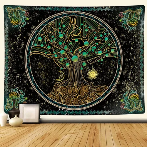 Naykow Árbol de la vida, bohemio, sol, luna, naturaleza, lindo tapiz verde para pared, mandala espiritual, chakras, grunge, tapices para colgar en