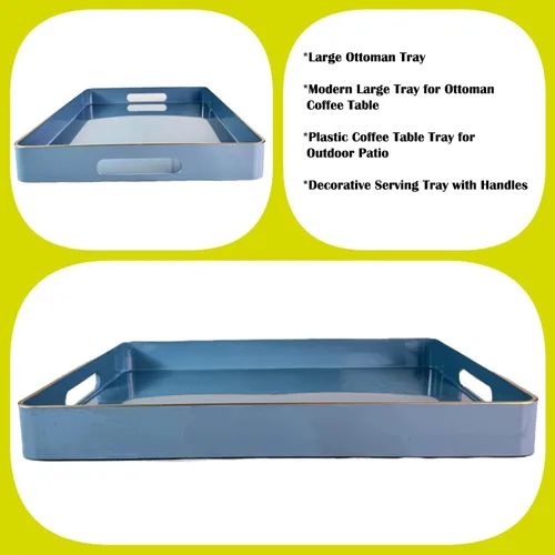 Miniatura 4 de Large Blue Coffee Table Tray, Decorative Serving Tray with Handles, Plastic Rectangular Tray for Ottoman, Bathroom, Living Room.16.7"*12"*1.6