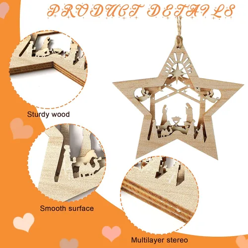 Miniatura 2 de Blulu Juego de 4 piezas de adornos navideños de escena de la natividad, set de regalo a granel, adorno colgante de madera cristiano 3D para árbol
