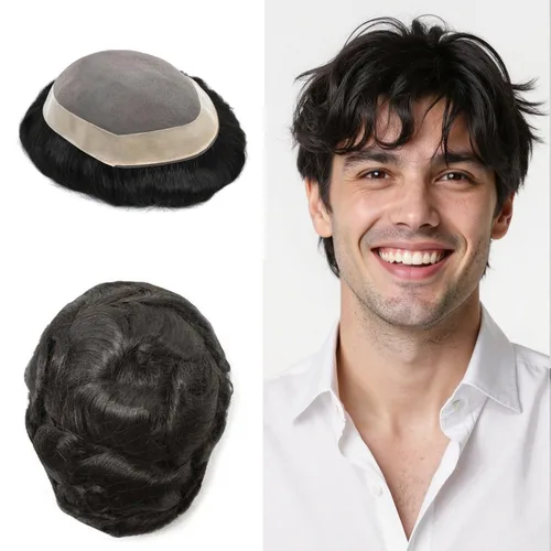 Miniatura 61 de Tupé para hombre, pieza de cabello humano real, monofilamento, tupé para hombres, postizos, unidades de sistema de reemplazo de cabello, gris