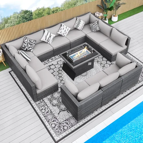 Miniatura 22 de BULEXYARD Juego de 7 piezas de sofá seccional para exteriores con respaldo alto, mesa para fogatas, juego de muebles de patio de mimbre resistente a
