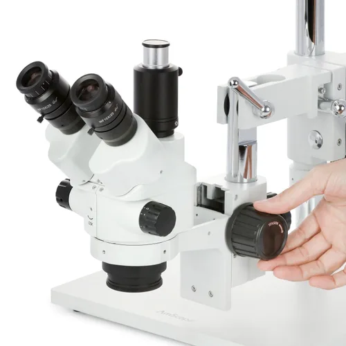 Miniatura 2 de AmScope - Microscopio estéreo con zoom Simul-Focal 7X-45X en soporte tipo jirafa con luz de anillo LED de 144 - SM-4NTP-144