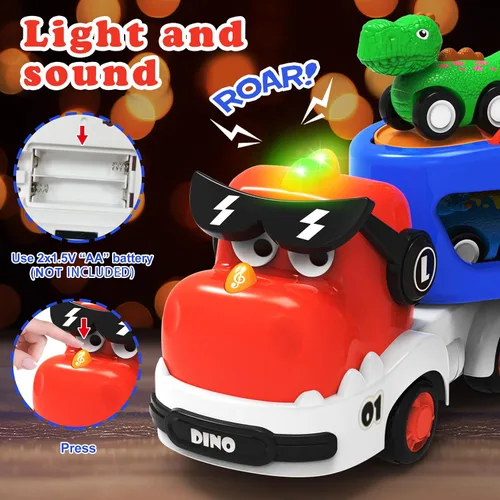 Miniatura 3 de Juguetes de Dinosaurio para Niños 2 3 4 5 6, 5 en 1 Camión de Dinosaurio con 4 Coches de Dino, Luz y Sonido, Juguetes para Niños de 2 a 7 Años