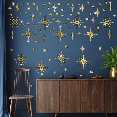 Miniatura 10 de Calcomanías de pared con estrella dorada, diseño retro de explosión de estrellas, calcomanías para dormitorio, sala de estar, decoración de techo