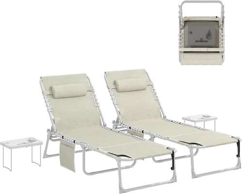Miniatura 16 de Outsunny Silla bronceadora con agujero frontal, mesa auxiliar, sillón reclinable plegable de 5 posiciones, tumbona reclinable, correas de transporte