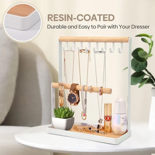 Miniatura 4 de Portin Organizador de joyas con bandeja de anillos de madera y ganchos almacenamiento de collares pulseras anillos relojes organizador de escritorio