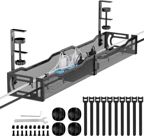 Miniatura 9 de Bandeja de gestión de cables para debajo del escritorio, gestión de cables debajo del escritorio sin taladro, bandeja de gestión de cables con Negro