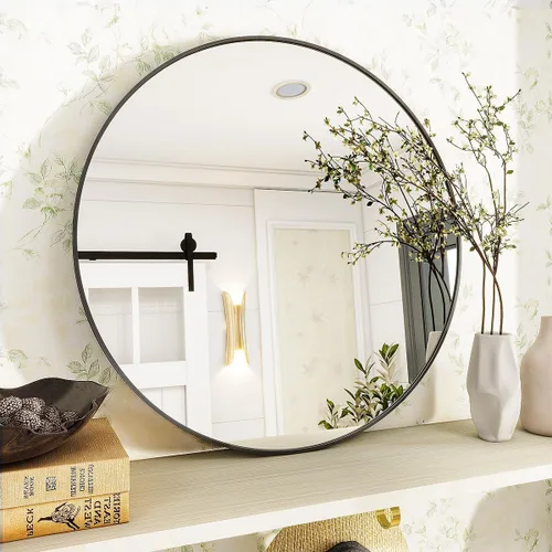 Miniatura 4 de VooBang Espejo de baño redondo negro, espejo colgante de pared circular de 24 pulgadas con marco de metal circular simple y moderno para pasillo