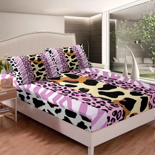 Miniatura 2 de Manfei Sábana bajera ajustable de piel de animal, tamaño individual, funda de cama con estampado de cebra de leopardo con 1 funda de almohada, juego