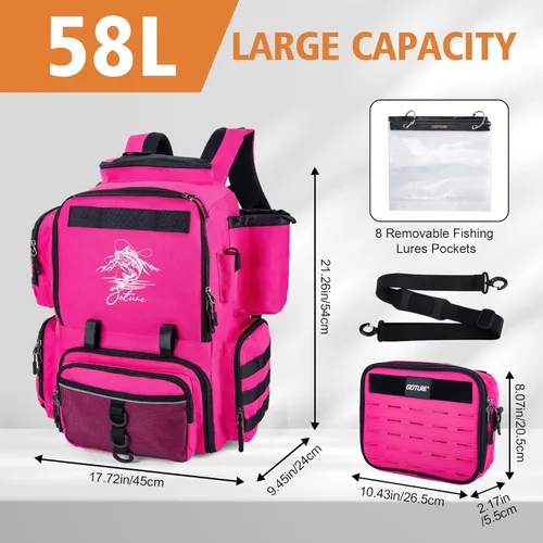 Miniatura 5 de Mochila de pesca Goture, mochila de equipo de pesca resistente al agua de 900D con soportes para cañas, bolsa de equipo de pesca de gran Rosa