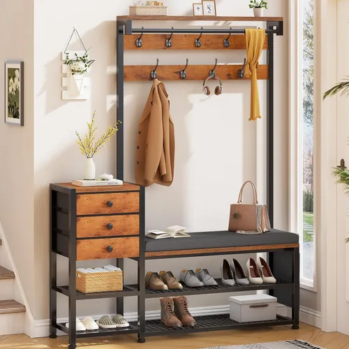 Miniatura 10 de Itaar Perchero, árbol de pasillo con banco y almacenamiento de zapatos, banco de entrada 7 en 1 con cojín suave, bolsa de almacenamiento, 3 cajones