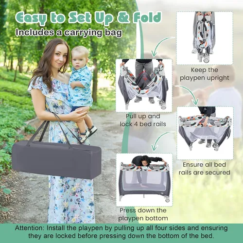 Miniatura 6 de BABY JOY 4 en 1 Pack and Play, corralito portátil para bebé con moisés, puerta lateral con cremallera, cambiador, centro de viaje para interiores