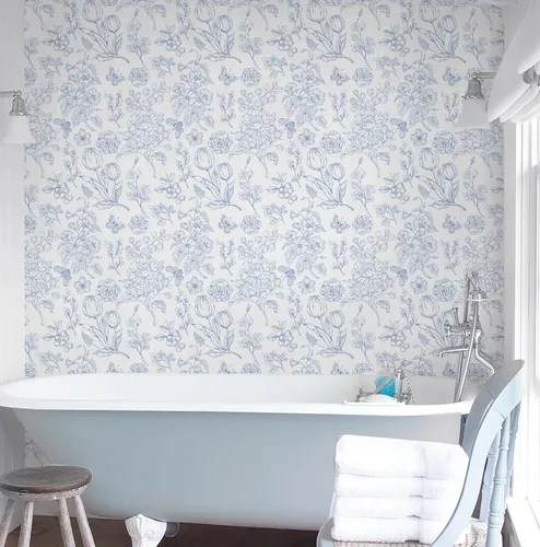 Miniatura 5 de CiCiwind Papel tapiz floral despegar y pegar, papel de contacto azul y blanco, bohemio moderno autoadhesivo removible para baño dormitorio