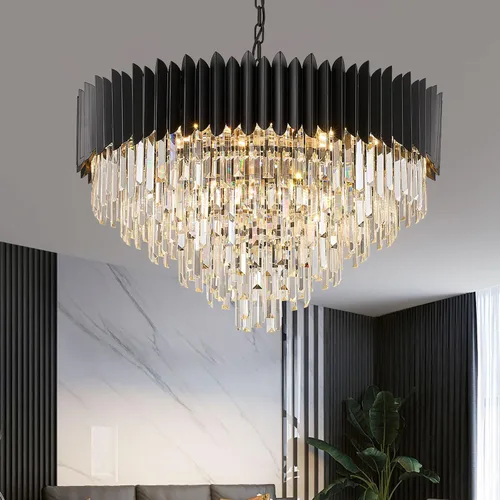 Miniatura 8 de Candelabro de cristal negro de 20 pulgadas, K9, luces colgantes redondas, ajustables, de 4 niveles, gran lámpara de cristal moderna, 6 luces