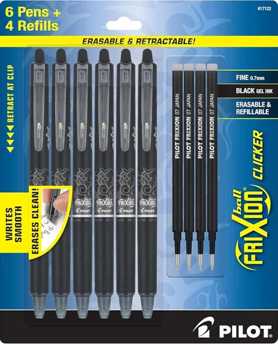 PILOT Frixion - Bolígrafos borrables, punta fina de 0.028 in, paquete de 6 bolígrafos de tinta retráctil negra + 4 recambios adicionales