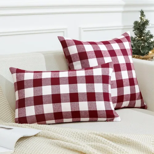 Miniatura 3 de OTOSTAR Paquete de 2 fundas de almohada clásicas de lino a cuadros navideños de 16 x 16 pulgadas, fundas de cojín cuadradas suaves para decoración