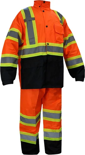 Miniatura 5 de RW-CLA3-TLM55 Y OR77 Clase 3 Traje de lluvia, chaqueta, pantalones de alta visibilidad reflectante fondo negro