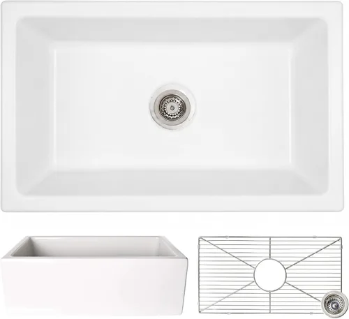 Miniatura 9 de Zuhnë Ostia - Fregadero de cocina de arcilla refractaria blanca de 30 pulgadas, delantal reversible acanalado o liso, cuenco individual de 29 7/8 x
