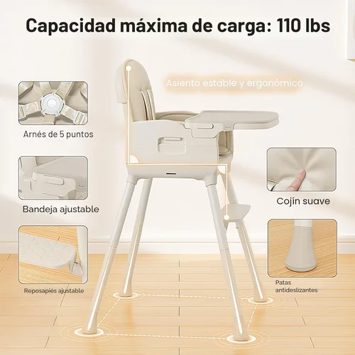 Miniatura 5 de Obee Odee Silla Alta Portátil 3 en 1 para Bebés y Niños Pequeños, Silla Alta Plegable Convertible Fácil de Limpiar para Infantes con Patas Beige