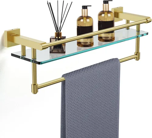 Miniatura 20 de Estante de baño de vidrio con barra para toallas, barra para toallas de acero inoxidable templado/estantes de baño de vidrio templado con riel